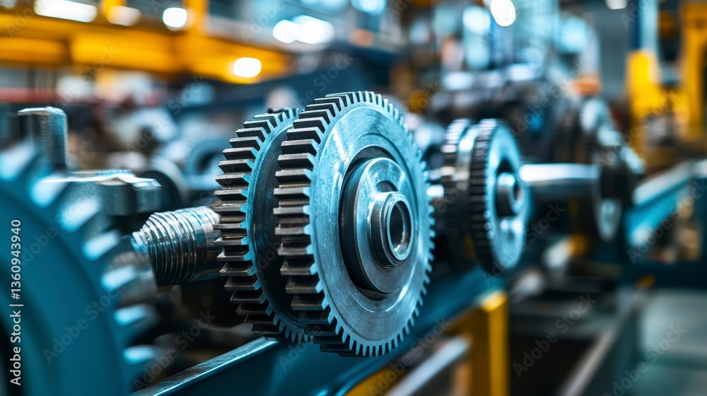 Obraz premium Close-up of industrial machine gears in factory setting.