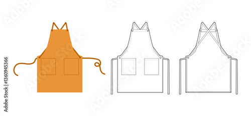 Set of Aprons Cross-Back straps technical fashion illustration. Chef uniform for cooking ochre cartoon and Flat sketch outline apparel template front, back view. Women, men unisex CAD mockup isolated