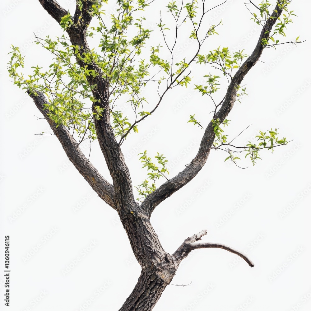 Lush Green Leaves Emerging from a Branch on a Leafless Tree Against a Soft White Background Lush Green Leaves Emerging from a Branch on a Leafless Tree Against a Soft White Background