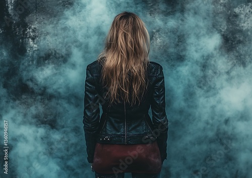 A woman stands with her back facing an atmospheric background