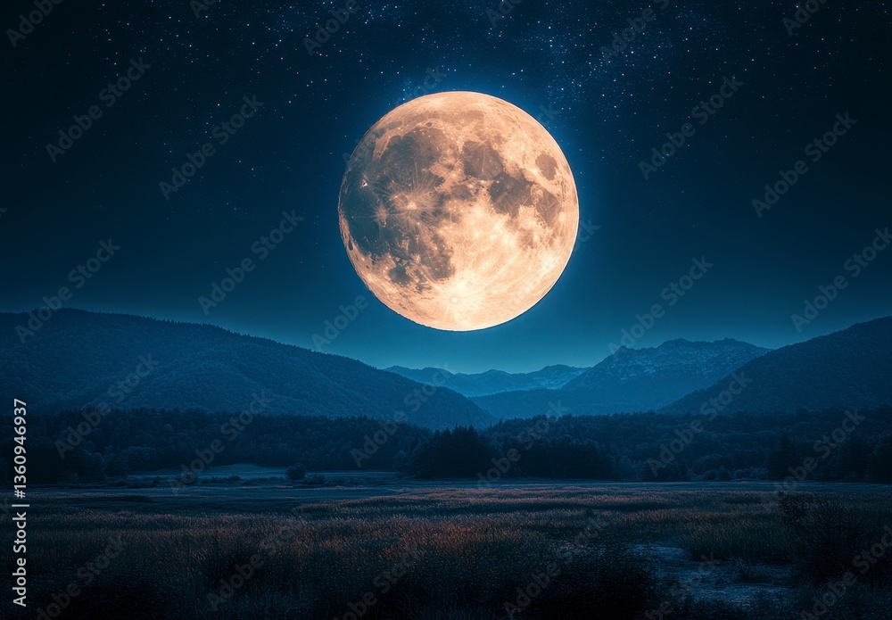 Naklejka premium Full Moon over Dark Mountains at Night