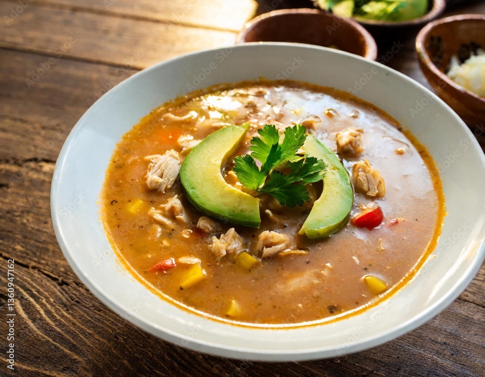 Creamy Chicken Tortilla Soup with Avocado Slices Photographed Overhead in Deep Bowl Against Warm Mexican Evening Glow Creamy Chicken Tortilla Soup with Avocado Slices Photographed Overhead in Deep Bowl Against Warm Mexican Evening Glow