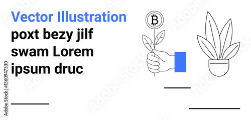 Hand nurturing Bitcoin-themed plant alongside a potted plant symbolizing growth and eco-technology. Ideal for blockchain, fintech, investment, green tech, cryptocurrency, business innovation, flat