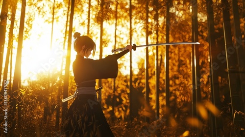 Realistic anime-style scene of a young samurai standing in a field of tall grass under a sunset sky
