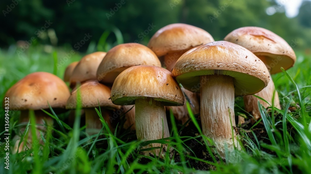 Group of brown cap mushrooms growing in green grass on woodland floor in autumn Group of brown cap mushrooms growing in green grass on woodland floor in autumn
