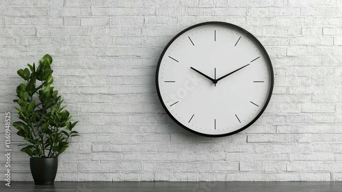 Wallpaper Mural Minimalist clock and plant on a white brick wall. Torontodigital.ca
