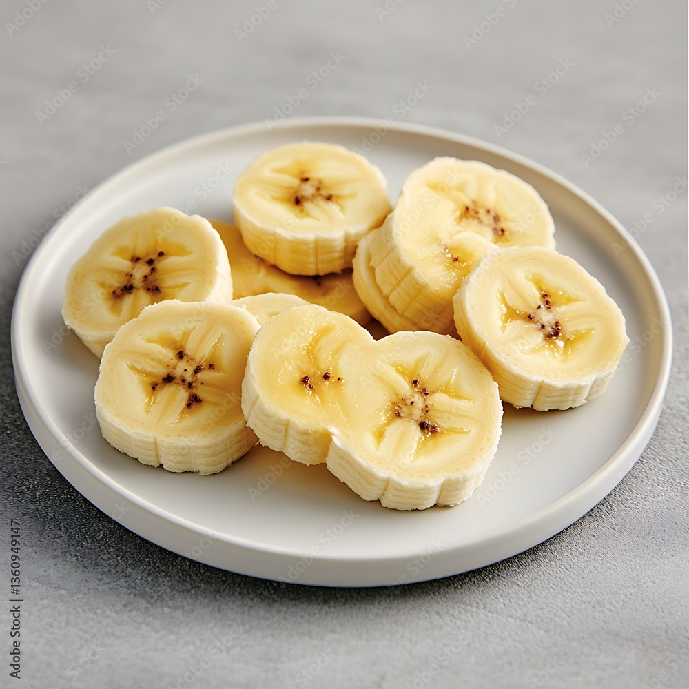 Sliced banana on a plate. Gray background for nutrition or recipe use Sliced banana on a plate. Gray background for nutrition or recipe use