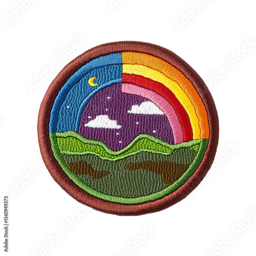 Embroidered Patch: An intricate embroidered patch design showcases a vibrant rainbow arcing across a serene landscape, and night and day in perfect harmony.