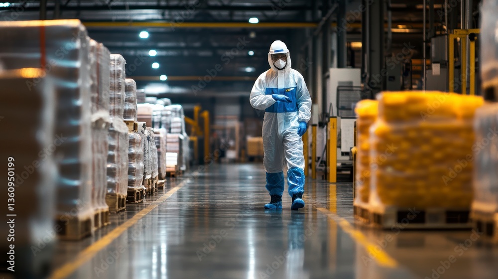 Person in protective suit walking through warehouse aisle.