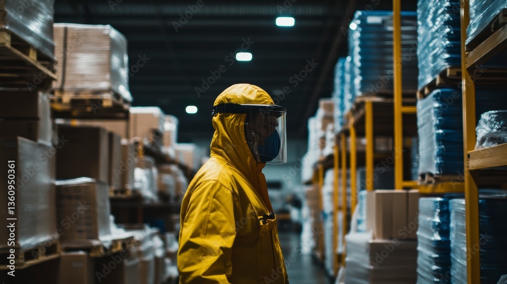 Person in protective suit inside a warehouse. Person in protective suit inside a warehouse.