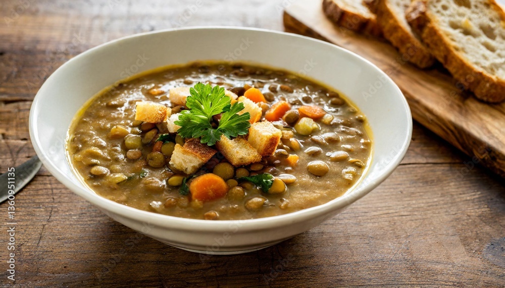 Creamy Lentil Stew with Crusty Bread Slices Photographed Overhead in Deep Bowl Against Warm Rustic Kitchen Glow Creamy Lentil Stew with Crusty Bread Slices Photographed Overhead in Deep Bowl Against Warm Rustic Kitchen Glow