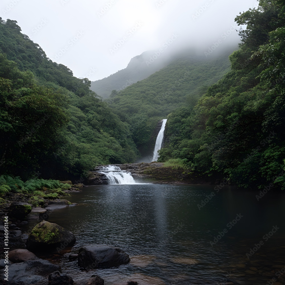 Fototapeta premium Misty mountain waterfall pool, lush jungle, tranquility