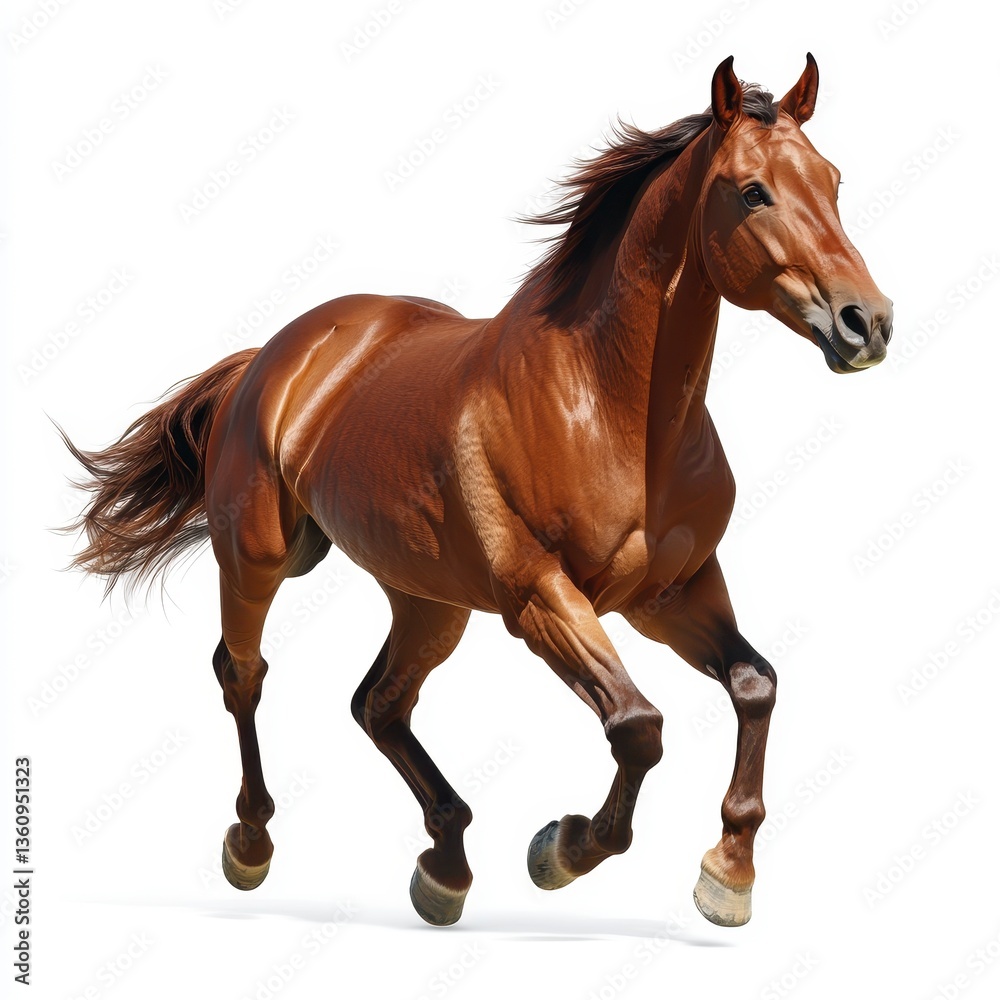 Fototapeta premium Brown Horse Galloping Dynamically Against White Background