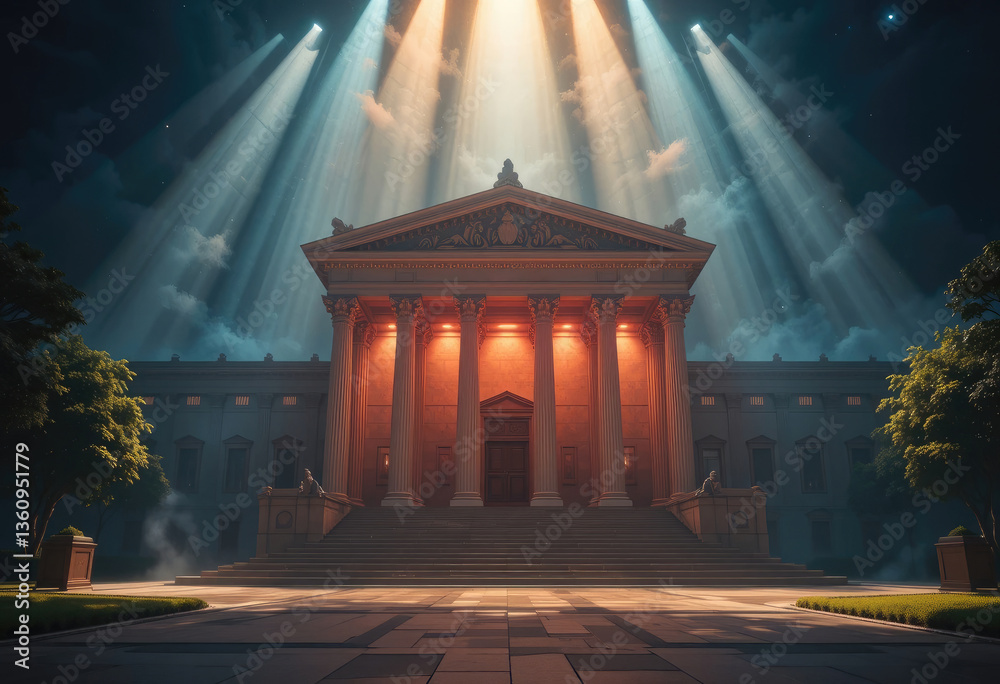 Obraz premium Illuminated Neoclassical Building with Dramatic Night Sky and Spotlight Beams