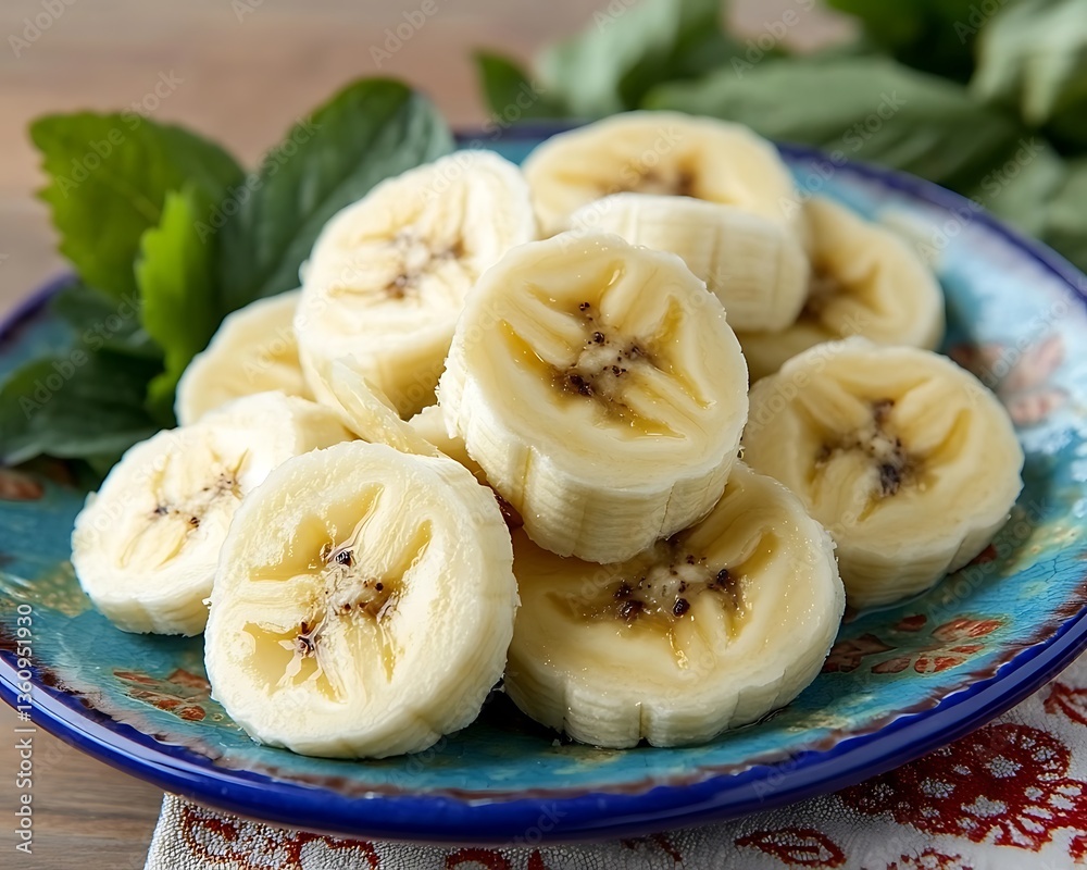 Sliced banana served on plate for dessert with mint leaves on a kitchen table Sliced banana served on plate for dessert with mint leaves on a kitchen table