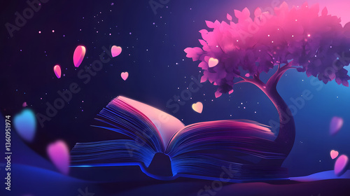 an abstract of tree growing from an open book symbolizing knowledge