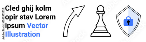 Chess pawn for decision making, upward arrow for growth, shield with lock for data protection. Ideal for strategy, leadership, security, progress, business, planning flat landing page banner