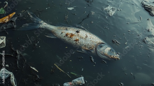 Dead fish in polluted water. Human activities impact and threaten animal’s natural habitat.