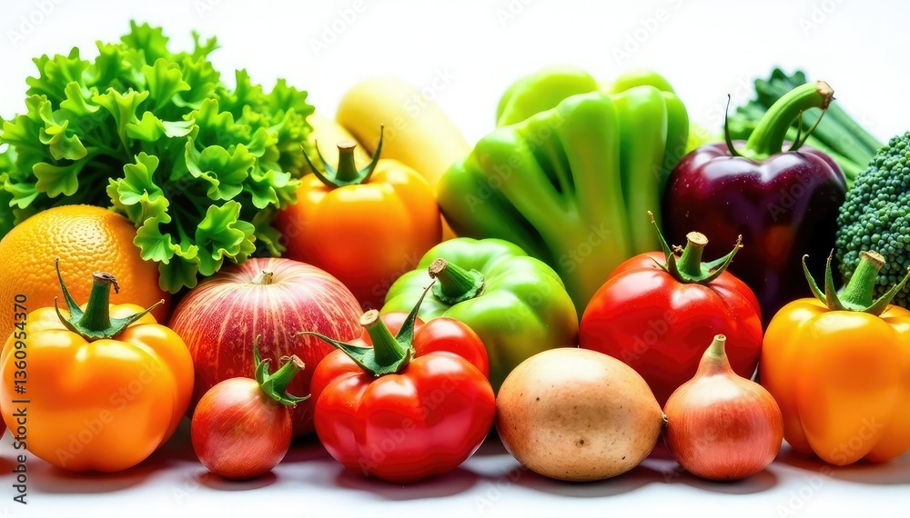 Variety of organic fruits and vegetables isolated, eco, vitamin Variety of organic fruits and vegetables isolated, eco, vitamin