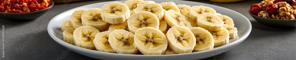 Sliced bananas on plate being served. Berries and nuts are ready in the background. Healthy snack use Sliced bananas on plate being served. Berries and nuts are ready in the background. Healthy snack use