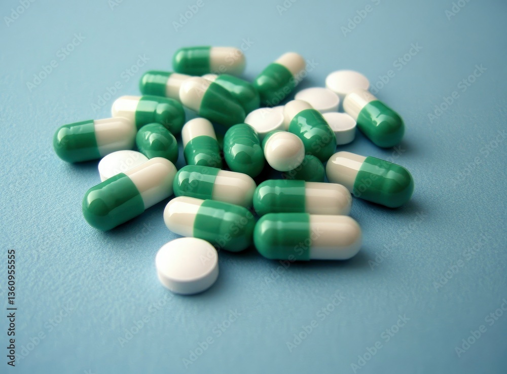 Close-up of Green and White Pills on Blue Background for Health Close-up of Green and White Pills on Blue Background for Health