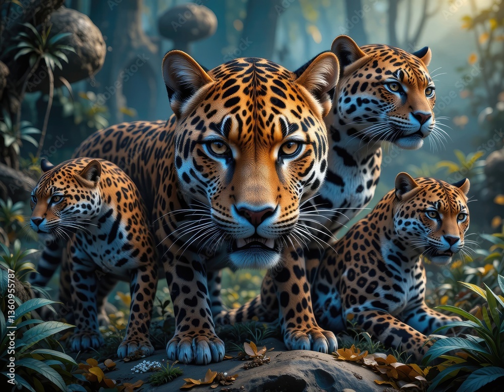 Obraz premium Jaguar Family Portrait in Lush Jungle Habitat with Sunlight