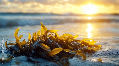 Seaweed glowing at golden hour on ocean shore. Close-up of seagrass with waves and sun reflections. Coastal biodiversity and marine flora for environment and sustainability content