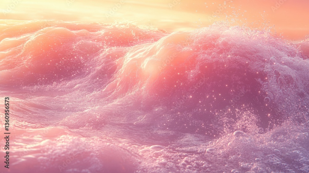 Fototapeta premium Serene Pink Waves Soothing Ocean Scene at Sunset with Sparkling Foam