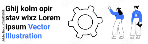 Gear symbolizing process beside two people discussing ideas, one pointing forward and another with a notebook. Ideal for teamwork, planning, innovation, collaboration, presentation, workflow, simple