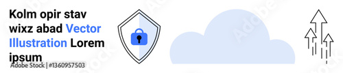 Shield with a lock, cloud, and three upward arrows reflect data security, cloud storage, and progress. Ideal for technology, cybersecurity, data transfer, cloud computing online privacy future
