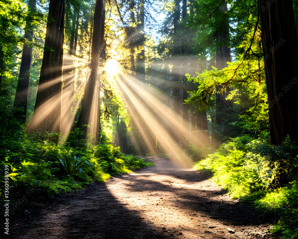 Fototapeta premium Sunbeams through Redwood forest path