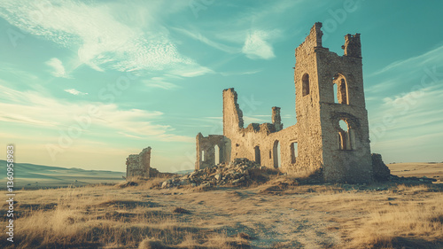 Ruins of ancient building, tower, city. Landscape, wallpaper, backdrop