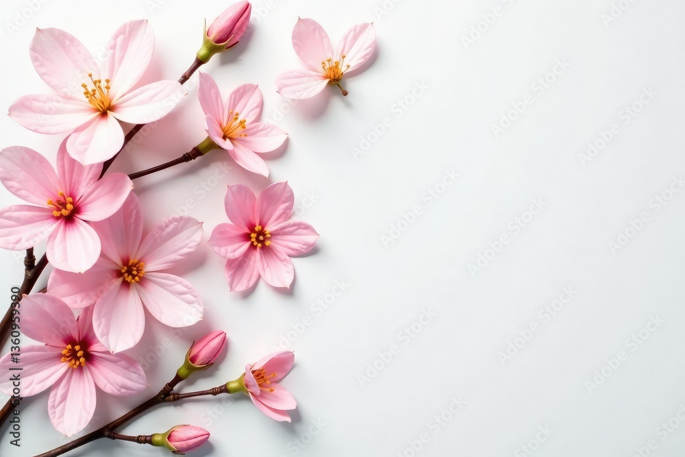 Delicate, scattered blossoms on white backdrop, art, aesthetic, floral pattern Delicate, scattered blossoms on white backdrop, art, aesthetic, floral pattern