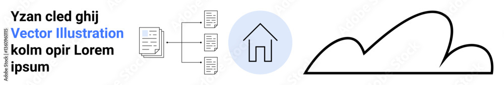 Document hierarchy linked in flowchart format, central home icon within blue circle, abstract cloud line. Ideal for technology, home systems, data organization, cloud computing, navigation, digital Document hierarchy linked in flowchart format, central home icon within blue circle, abstract cloud line. Ideal for technology, home systems, data organization, cloud computing, navigation, digital