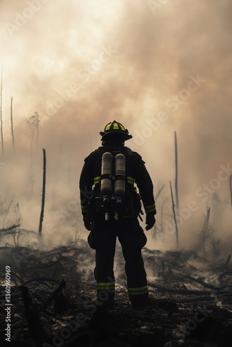 Firefighter standing in front of burnt forest with smoke, down trees, ruins. Sad and moody. The aftermath of wild fire devastation.