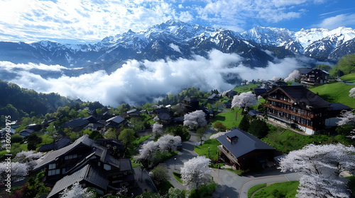 Aerial View of Mountain Village with Cherry Blossoms in Spring