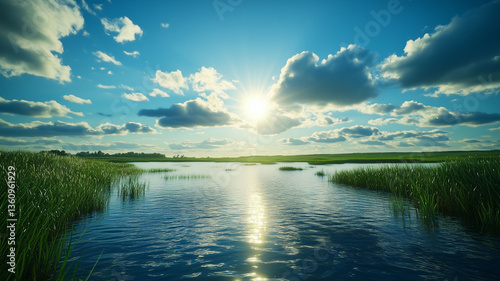The sun reflects on the lake, a peaceful beautiful landscape