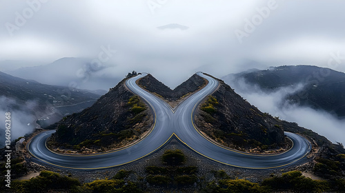 Aerial View of Winding Mountain Road in Fog