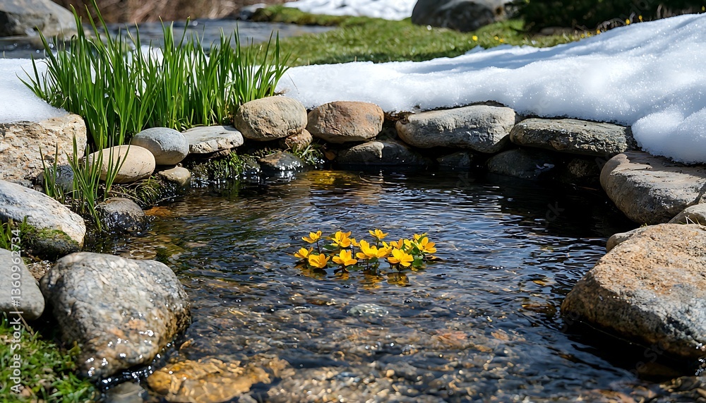Fototapeta premium Spring Pond Flowers & Snow