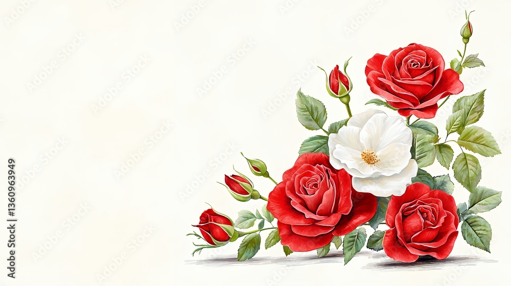 Fototapeta premium Elegant Red and White Rose Floral Arrangement on Beige