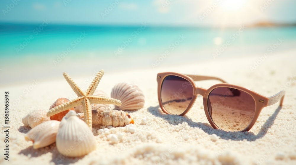 Stylish sunglasses resting on sandy beach with seashells Stylish sunglasses resting on sandy beach with seashells