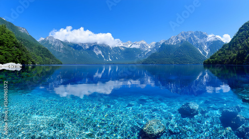 Clear Blue Alpine Lake with Snow Capped Mountains and Reflection