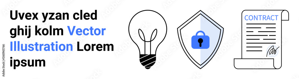 Light bulb for ideas, shield with lock for cybersecurity, and signed contract for agreements. Ideal for innovation, security, business, legal, creativity, protection flat landing page banner