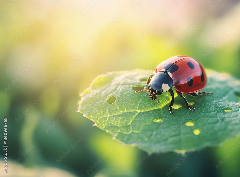 Fototapeta premium Ladybug Resting on a Green Leaf in Natural Sunlight Close-up