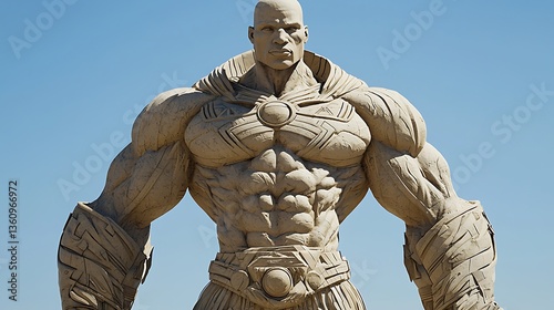 Powerful, sculpted figure with defined muscles and armor.  A superhero or warrior pose against a clear sky