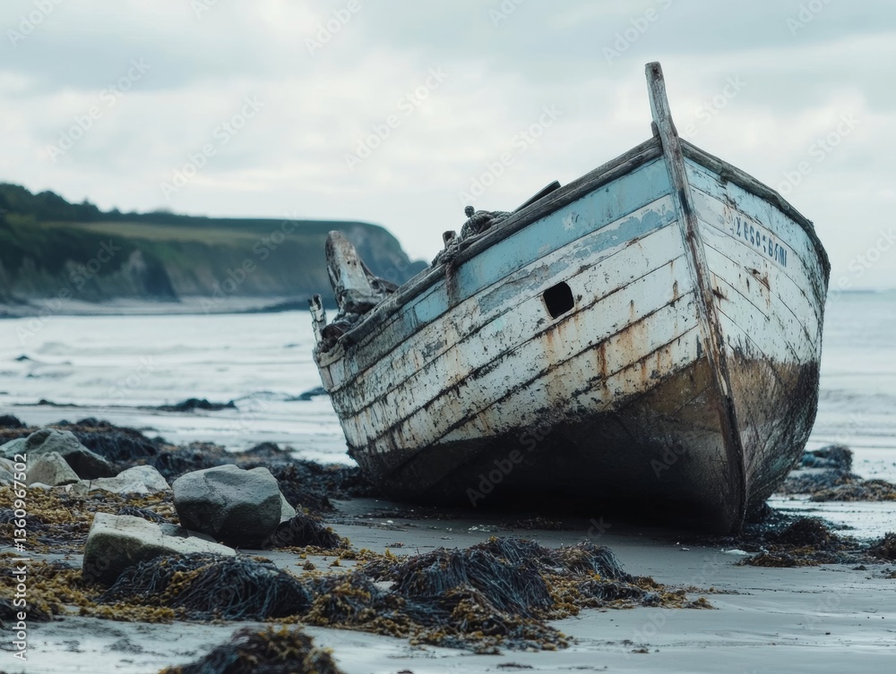 An old fisherman wrecked boat abandoned stand on beach. - ai An old fisherman wrecked boat abandoned stand on beach. - ai
