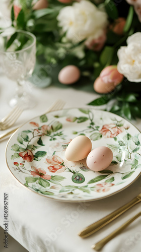 Delicate Easter Eggs on Floral Plate with Elegant Table Setting and Soft Natural Lighting