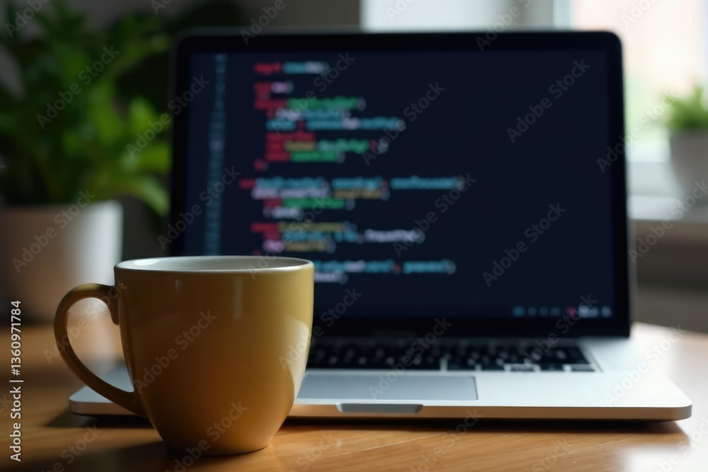 Empty coffee mug, laptop screen displaying code, technology, mug, isolated Empty coffee mug, laptop screen displaying code, technology, mug, isolated