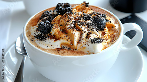 Closeup of Gourmet Coffee Drink with Whipped Cream and Chocolate Shavings photo