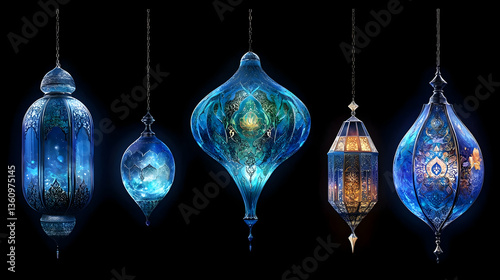 Collection of Blue Glass Lanterns with Cityscape and Starry Night Scenes